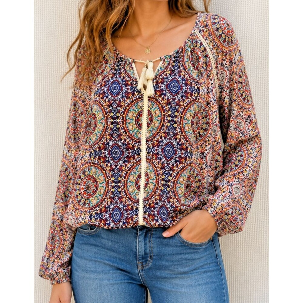 New Directions Paisley Boho Blouse Women’s Large Multicolor Rayon Long Sleeve